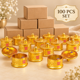 Bulk presentation of 100 Brass Sindoor Boxes with multiple golden round kumkum containers displayed in front of plain packaging boxes, suitable for wholesale orders, wedding return gifts, festive distribution and large quantity gifting.