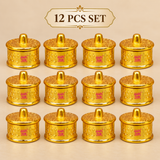 Set of 12 Brass Sindoor Boxes arranged in an organized beige studio display, each featuring a compact round shape, decorative lid and traditional embossed finish, suitable for weddings, festive gifting, puja functions and bulk orders.