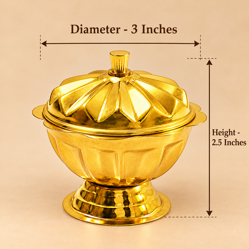 Size guide of a traditional brass sindoor box featuring a polished golden finish, decorative floral dome lid, scalloped container body and raised pedestal base. The box measures 3 inches in diameter and 2.5 inches in overall height, including the lid. The image highlights its compact dimensions and elegant design, suitable for storing sindoor, kumkum and other traditional puja essentials during wedding ceremonies, daily worship and religious occasions.
