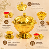 Product features infographic showcasing a traditional brass sindoor box with a polished golden finish, decorative flower-shaped lid, small cylindrical top knob, scalloped storage bowl and sturdy pedestal base. The image highlights its removable lid, compact ritual storage design and traditional appearance, making it suitable for sindoor, kumkum, wedding ceremonies, daily puja, religious rituals and traditional gifting.
