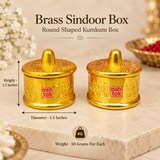 Size guide for Brass Sindoor Box showing approximately 1.5 inches diameter, 1.5 inches height and 50 grams weight for each piece, presented clearly on a premium beige background for product dimension reference.