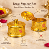 Features image of Brass Sindoor Box highlighting the handcrafted brass construction, hinged lid, traditional embossed pattern, compact round shape and suitability for storing kumkum, sindoor and other puja essentials.