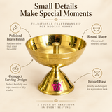 Product feature infographic titled 'Small Details Make Special Moments' by Ashtok. Four circular callouts highlight key features of a brass stand diya: 'Polished Brass Finish', 'Round Shape', 'Compact Serving Design', and 'Footed Base'.