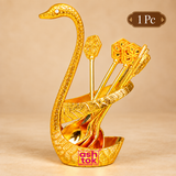 One piece Brass Swan Spoon Stand with gold coated decorative finish and matching spoons, presented individually on a premium beige background. The elegant swan-shaped design makes it suitable for personal use, home decor, dining table styling, festive gifting and special occasion presents.