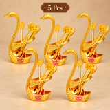 Set of 5 Brass Swan Spoon Stands arranged in a premium beige gifting display, each featuring a gold coated swan-shaped holder with matching decorative spoons. Suitable for wedding return gifts, festive gifting, housewarming presents, family functions and small event gift requirements.