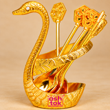 Detailed close-up of Brass Swan Spoon Stand highlighting the graceful swan head, textured curved neck, intricate feather-style craftsmanship, polished gold coated finish, decorative spoon handles and sculpted holder base, showing the fine detailing and premium appearance of the product.