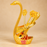 Brass Swan Spoon Stand with gold coated decorative finish featuring an elegant swan-shaped holder with long curved neck, detailed feather texture and matching golden decorative spoons. Professionally presented on a premium beige studio background, suitable for dining table decor, festive serving, gifting and elegant home decoration.