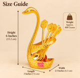 Size guide for Brass Swan Spoon Stand showing approximately 3 inches length, 2.5 inches width and 6 inches height. The image clearly presents the gold coated decorative swan spoon holder with matching spoons and measurement arrows on a clean premium beige background for easy product size reference before purchase.
