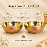 Brass Sweet Bowl Set features image showing two round brass bowls with polished interior and textured exterior on a beige background, highlighting brass finish, round bowl shape, set of 2, and ideal use for serving and gifting.