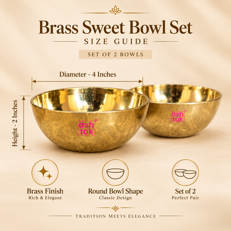 Brass Sweet Bowl Set size guide image showing two brass bowls on a beige background with measurement arrows, featuring 4 inch diameter and 2 inch height, designed for product dimension reference.