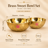 Brass Sweet Bowl Set size guide image showing two brass bowls on a beige background with measurement arrows, featuring 4 inch diameter and 2 inch height, designed for product dimension reference.
