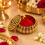 Brass Sindoor Kum Kum Box, Bharani Gifts Dots And Stripes Design Kumkum Box For Special Occasions.