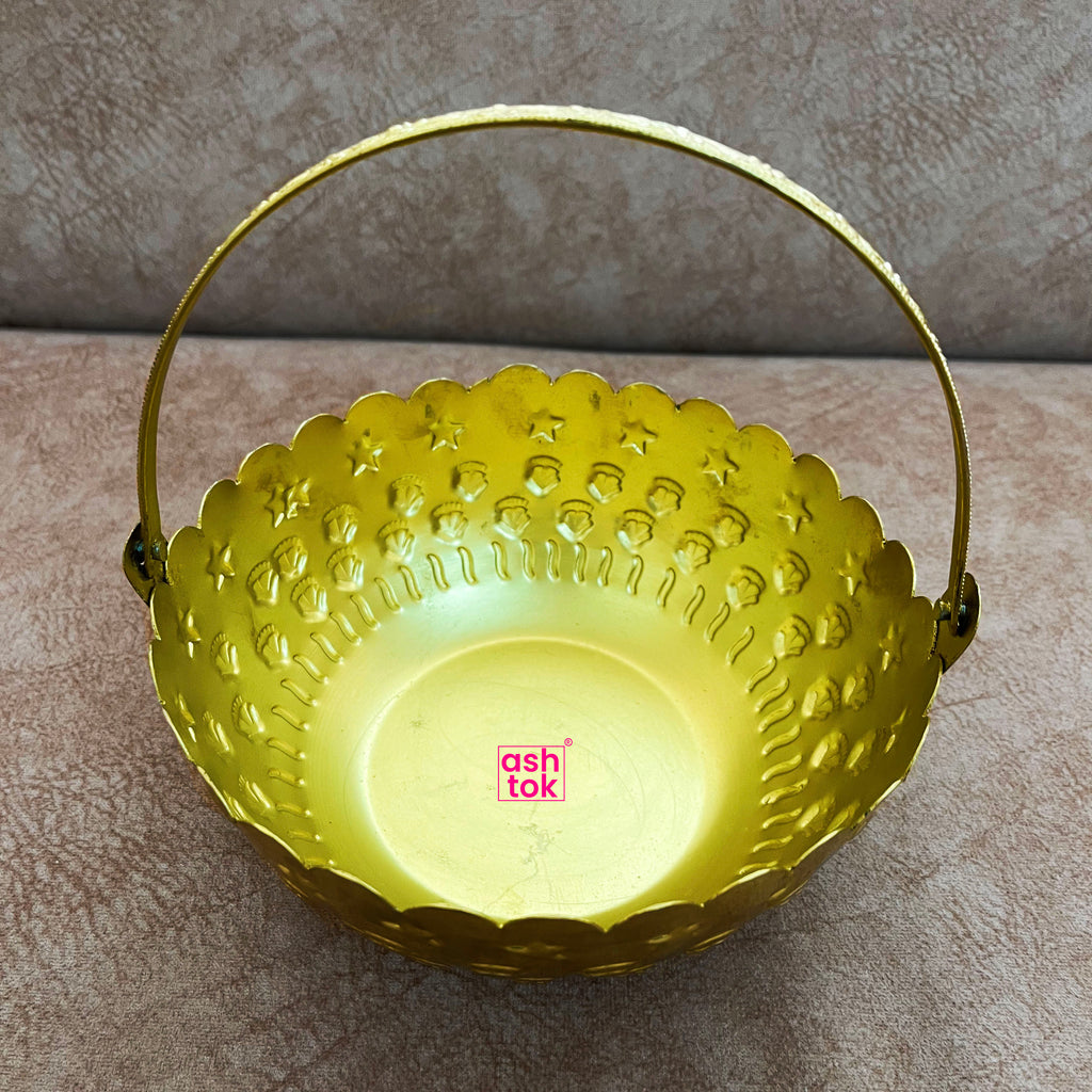 Gift Basket Gold Coated Flower Basket with Handle (Dia 7 Inches)