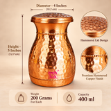 Size guide for hammered copper carafe showing 4 inches diameter, 5 inches height, 200 grams weight and 400 ml capacity with clear measurement markings on a beige background.