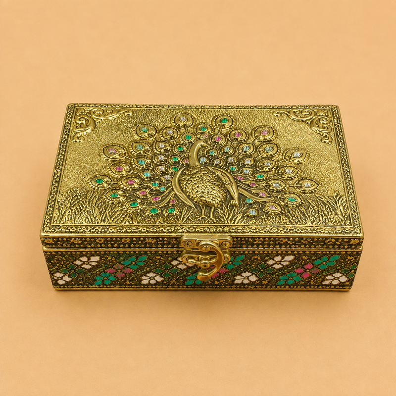 Handcrafted Copper Finish Peacock Wood Box 5x7 Decorative Wooden Storage Box for Jewelry, Dry Fruits, Pooja Essentials, Home Décor, Wedding Return Gifts and Festive Gifting