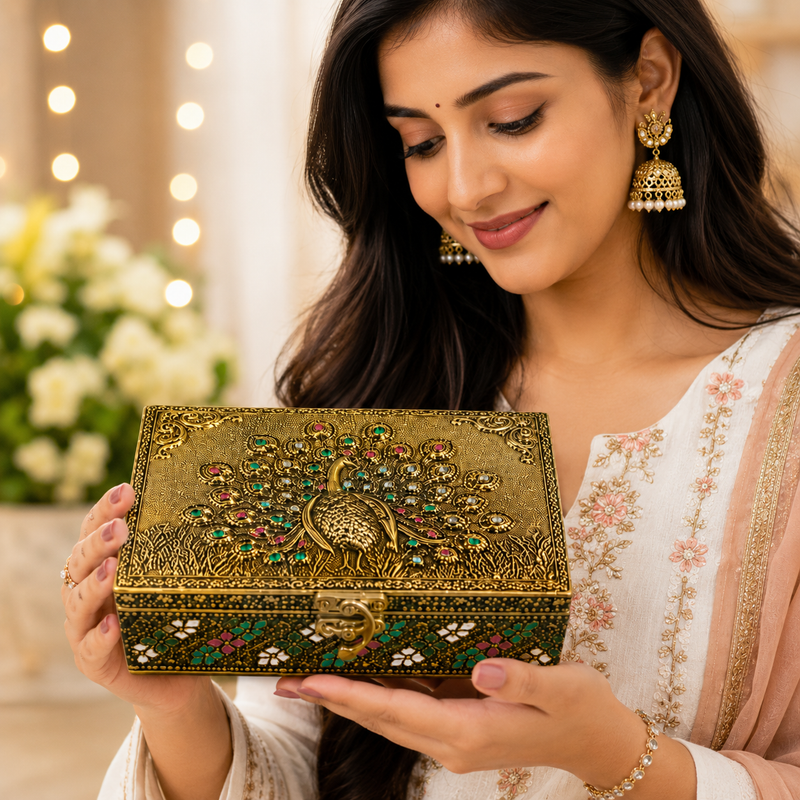 Copper finish peacock wood box 5 x 7 inches, handcrafted decorative storage and gift box