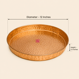 Dimension diagram showing Ashtok copper serving tray measuring 12 inches in diameter and 1.5 inches in height.