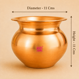Polished copper kalash dimensions diagram showing 11 cm height and 11 cm diameter.