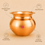 Copper kalash product features infographic highlighting polished copper finish, wide flared rim, traditional rounded shape, and suitability for return gifting.