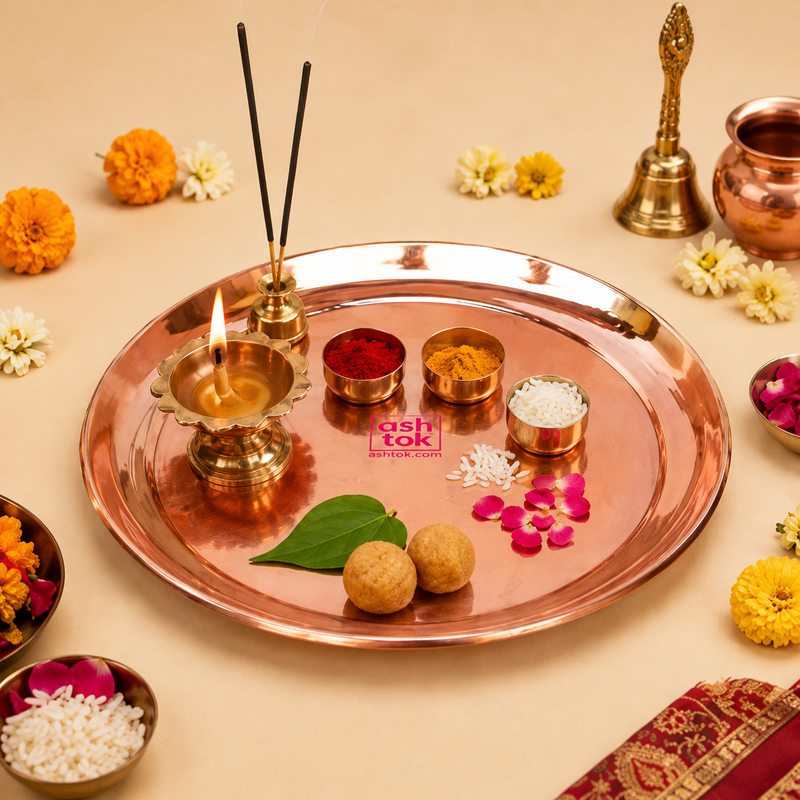 Copper puja thali arranged with a lit brass diya, kumkum, turmeric, rice, sweets, incense, and decorative flowers next to a Lord Ganesha idol.