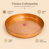 Infographic highlighting features of Ashtok copper serving tray including hammered texture, raised rim, copper finish, and round shape.