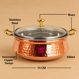 500ml hammered copper and stainless steel serving handi with transparent glass lid, brass knob, brass handles, 14 cm diameter, ideal for serving biryani, curries, rice, and traditional Indian dishes.