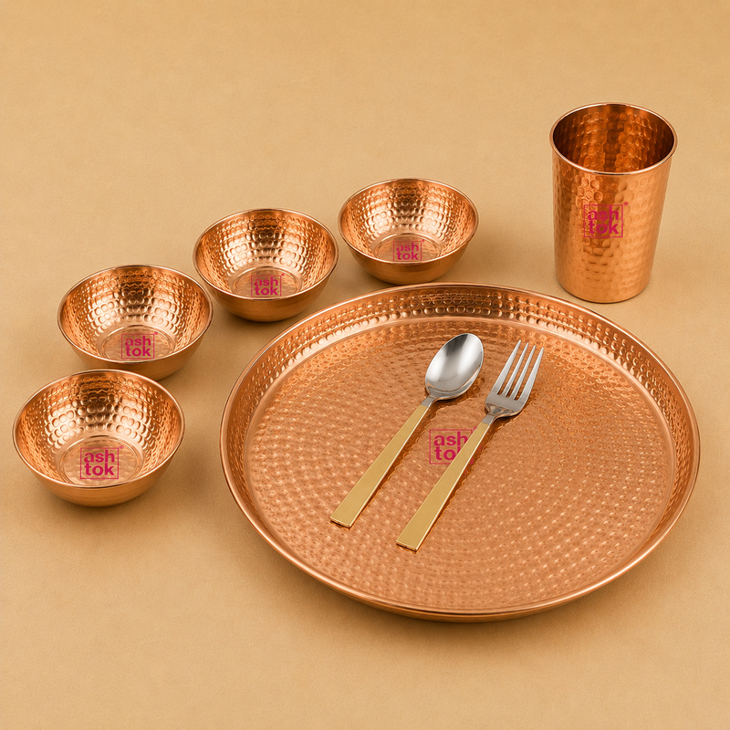 Copper South Indian thali set with plate, glass, 4 bowls, spoon and fork, ideal for traditional dining and gifting.