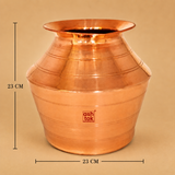 pure copper water pot with a polished finish, traditional copper storage vessel for drinking water, Ayurvedic wellness, home kitchen use, and pooja purposes.