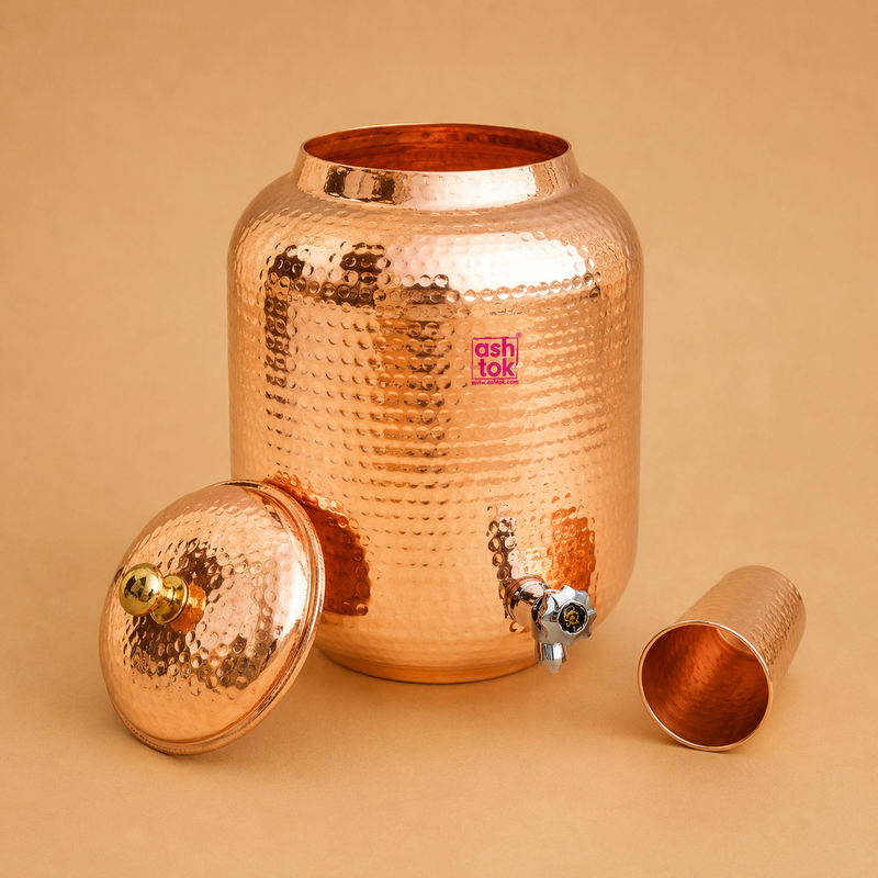 Copper water tank with tap for natural water storage, convenient dispensing and traditional home use.