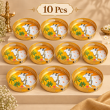 Set of 10 Cow Design Tray Flower Baskets and Puja Trays for Temple arranged in a professional bulk gifting display. Each tray features a round golden structure, decorative cutwork sides, side carry openings and traditional cow artwork, making the set suitable for wedding return gifts, festive gifting, temple events, religious ceremonies, family functions and bulk orders.