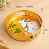 Size guide for Cow Design Tray Flower Basket and Puja Tray for Temple showing approximately 8 inches diameter and 2 inches height. The image clearly presents the round golden tray with measurement arrows, decorative cutwork sidewalls, convenient carry openings and detailed white cow artwork with palm tree motifs on a premium beige background for easy size reference before purchase