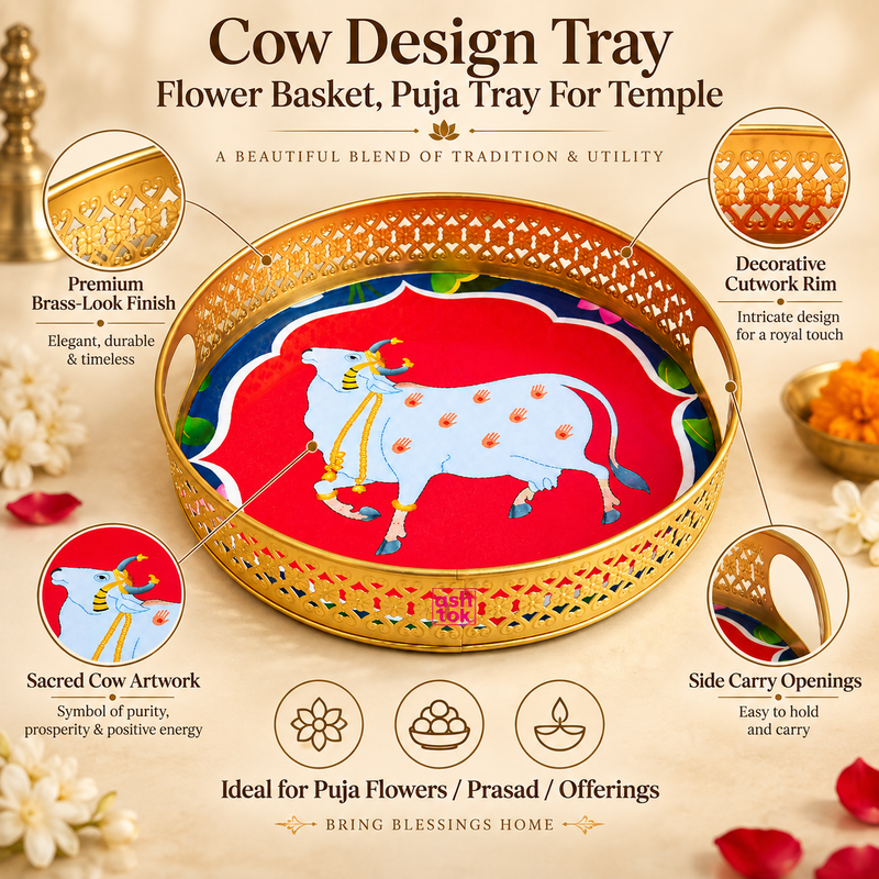 Features image of Cow Design Tray Flower Basket and Puja Tray for Temple highlighting the premium golden brass-look finish, decorative cutwork rim, sacred cow artwork, side carry openings and traditional round tray design. The image presents the tray in a clean beige studio setting with clearly visible ASHTOK logo, showing its suitability for temple use, flower offerings, prasad serving, festive rituals and devotional gifting.