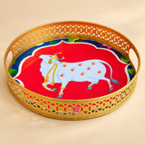 Cow Design Tray Flower Basket, Puja Tray For Temple