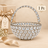 One piece Crystal Basket German Silver flower and fruit basket presented as a premium decorative gifting option with an elegant beige gift box and ribbon styling, featuring a sparkling clear crystal-studded basket body, polished silver-tone finish and ornamental handle, suitable for housewarming gifts, wedding gifts, festive gifting, return gifts and elegant home decor.