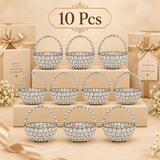 Set of 10 Crystal Basket German Silver flower baskets and fruit baskets arranged in a premium beige gifting display, featuring matching crystal-studded decorative baskets with polished German silver finish and crystal handles, suitable for wedding return gifts, festive gifting, family functions, corporate gifting, religious occasions, event giveaways and bulk decorative gift requirements.