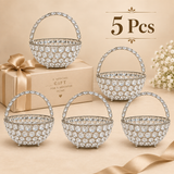 Set of 5 Crystal Basket German Silver decorative flower and fruit baskets displayed together for gifting and return gift requirements, each featuring a sparkling crystal-studded round basket design, polished German silver finish, decorative crystal handle and elegant presentation, suitable for weddings, festive gifting, housewarming occasions, event giveaways and premium return gifts.