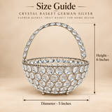 Size guide for Crystal Basket German Silver flower basket and fruit basket for home decor showing approximately 5 inches diameter and 6 inches overall height including the decorative crystal handle, with clear measurement arrows around the round crystal-studded basket on a premium beige background to help customers understand the product dimensions before purchasing.