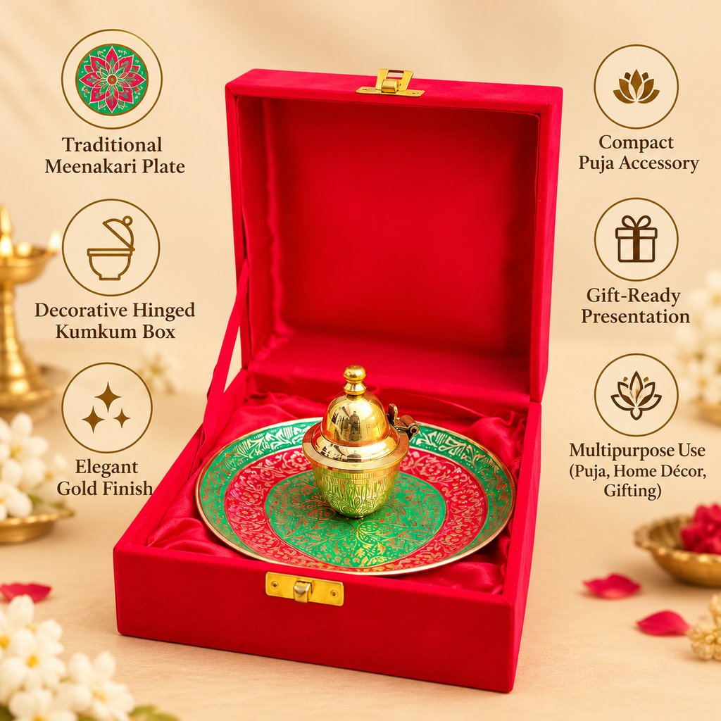 Open meenakari kumkum box with hinged lid on a decorative pooja thali, shown from an angled view on a beige background