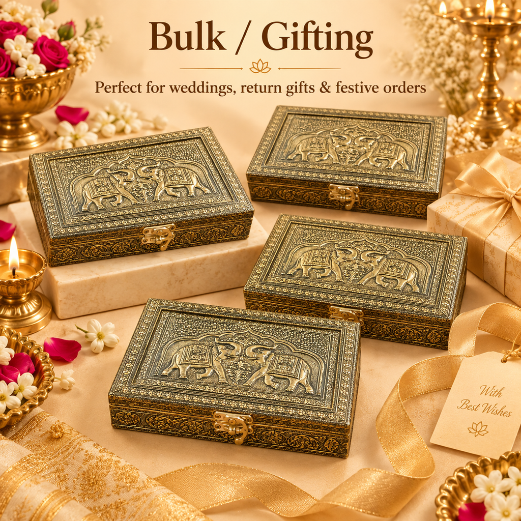 Multiple handcrafted Elephant Design Brass Decorative Storage Boxes arranged for bulk gifting, suitable for wedding return gifts, festive gifting, family functions, corporate gifting, anniversaries, traditional celebrations and special event orders.
