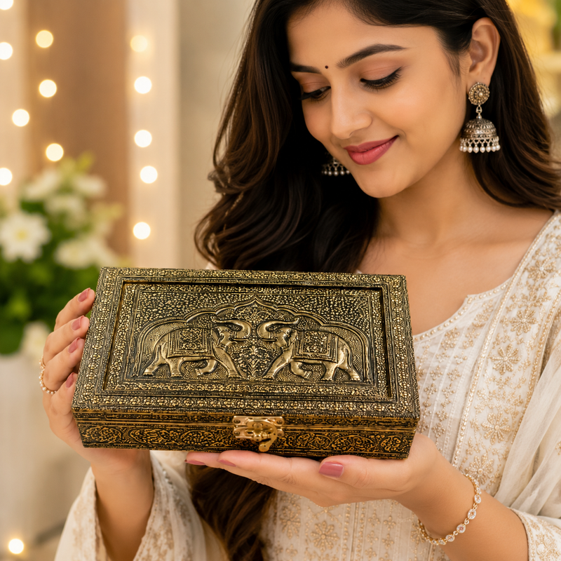 Elephant embossed wood box 5 x 7 inches with traditional Meenakari design