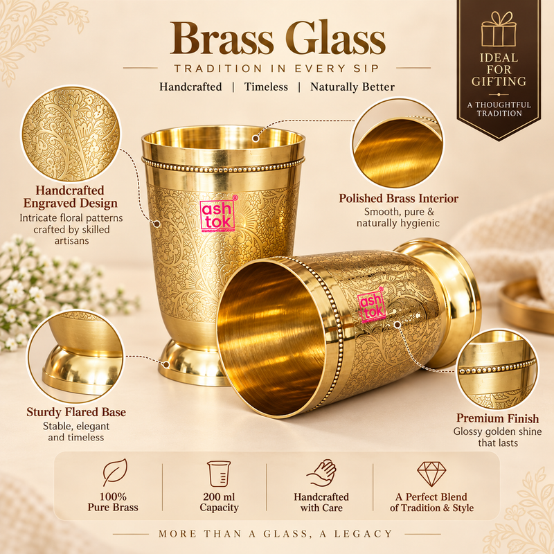 Features image of handcrafted brass water glass highlighting the engraved floral design, polished brass interior, premium finish, sturdy flared base and traditional craftsmanship, presented in a clean beige layout suitable for Shopify product pages.
