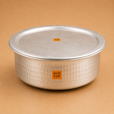 Flat base biryani handi with lid, ideal biryani pot for dum cooking in hotels, restaurants and home kitchens.