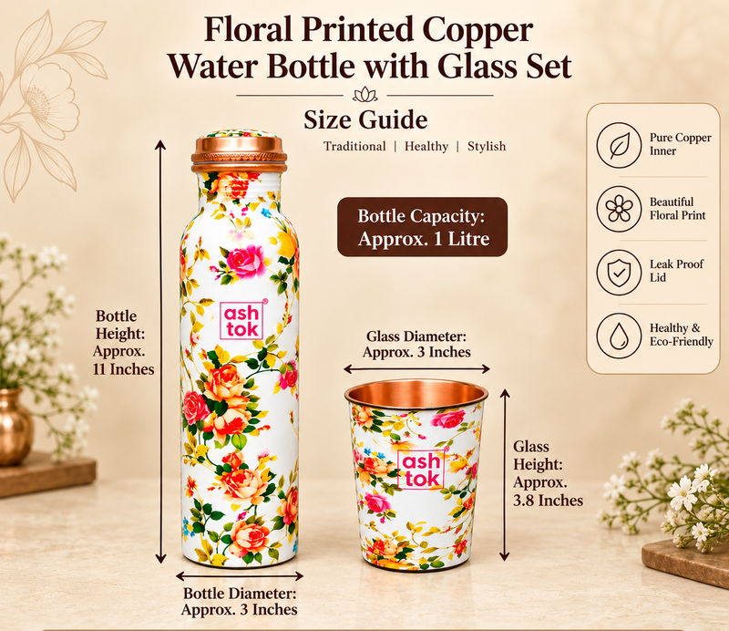 Size guide of a floral printed copper water bottle with matching drinking glass on a beige background. The bottle has an approximate capacity of 1 litre, height of 11 inches and diameter of 3 inches. The matching copper glass measures approximately 3 inches in diameter and 3.8 inches in height. Measurement arrows indicate the bottle and glass dimensions.