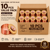 Product promotional graphic advertising a Floral Gift Container 10 Pcs Value Pack. A brown shipping box displays 10 hammered copper jars with gold lotus lids arranged neatly in two rows of five. To the left, an individual copper container sits open with its gold and pink floral lid resting against it. Graphic elements include text stating "BULK ORDER • BETTER VALUE", "10 PCS VALUE PACK", "10 Pieces in Total", and descriptive icons along the bottom highlighting individual packaging, quality assurance, and sa