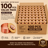Product marketing graphic for a Floral Gift Container 100 Pcs Value Pack. On the right, a large cardboard shipping box is packed tight with 100 round hammered copper jars, each topped with a shiny gold lid and a pink floral finial. On the lower left, a single copper jar is displayed open next to its gold lotus lid. Decorative text reads "BULK ORDER • BETTER VALUE", "100 PCS VALUE PACK", and "100 Pieces in Total", along with feature badges for "Individually Packed", "Premium Quality", and "Safe & Secure Deli