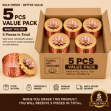 Promotional banner graphic for a Floral Gift Container 5 Pcs Value Pack. A cardboard box holds five round hammered copper containers with decorative gold lids featuring pink lotus flower handles, arranged in two staggered rows (three in back, two in front). To the left, a single container is shown open beside its detached lid. Headlines read "BULK ORDER • BETTER VALUE" and "5 PCS VALUE PACK", supported by icons along the bottom for 5 Pcs in Total, Individually Packed, Premium Quality, and Safe & Secure Deli