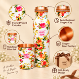 Product features infographic displaying a floral printed copper water bottle with matching drinking glass. Highlights include the decorative multicoloured floral exterior, copper interior, copper screw cap, coordinated drinking glasses and suitability for daily drinking water, home use and gifting.