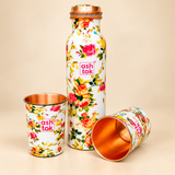 Floral Printed Copper Water Bottle with Glass Set – Premium Gift Set