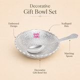 Infographic for a German silver gift bowl set highlighting features like decorative embossed design, premium finish, matching spoon, and suitability for prasad or dry fruits.