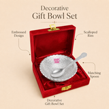 Top view of ASHTOK German silver bowl and spoon presented in a red velvet gift box With its specifications